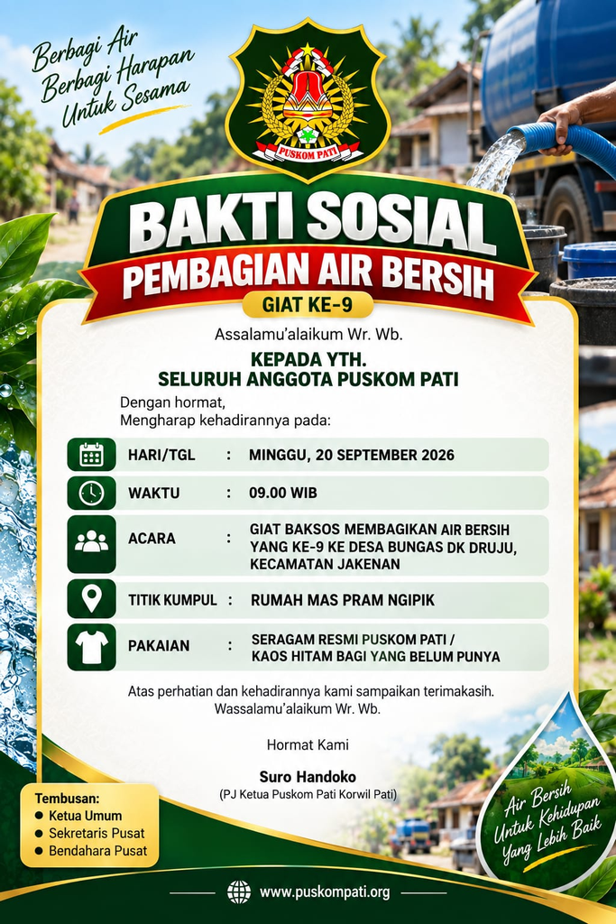 Bakti Sosial PUSKOM Pati: Pembagian Air Bersih ke Desa Bungas Jakenan