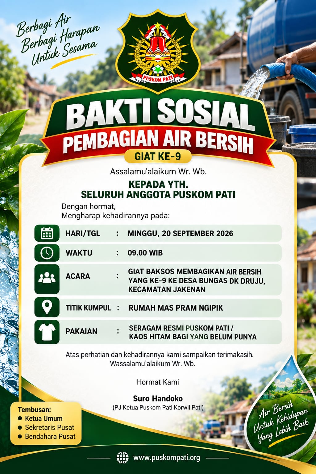 Bakti Sosial PUSKOM Pati: Pembagian Air Bersih ke Desa Bungas Jakenan
